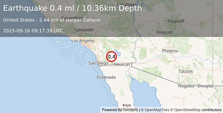 Earthquake 9 km WSW of Ocotillo Wells, CA (0.4 ml) (2025-09-16 09:17:35 UTC)