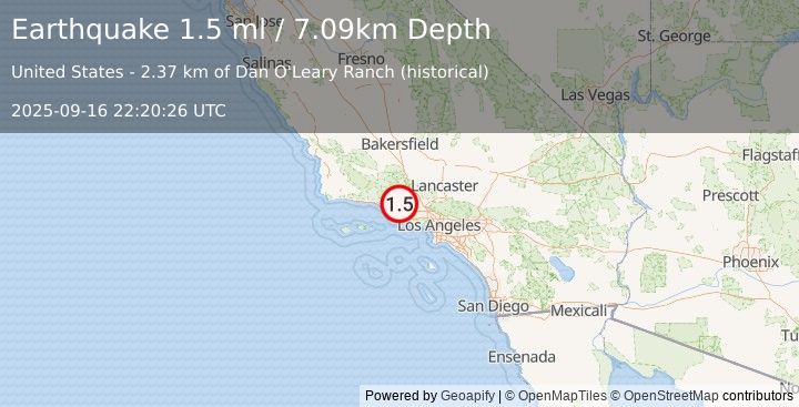 Earthquake 6 km NNE of Santa Paula, CA (1.5 ml) (2025-09-16 22:20:26 UTC)