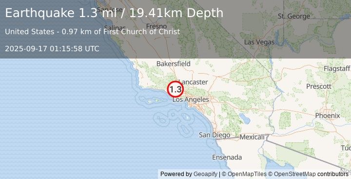 Earthquake 2 km NNW of Fillmore, CA (1.3 ml) (2025-09-17 01:15:58 UTC)