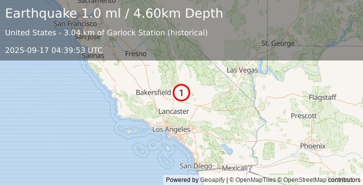 Earthquake 14 km W of Johannesburg, CA (1.0 ml) (2025-09-17 04:39:53 UTC)