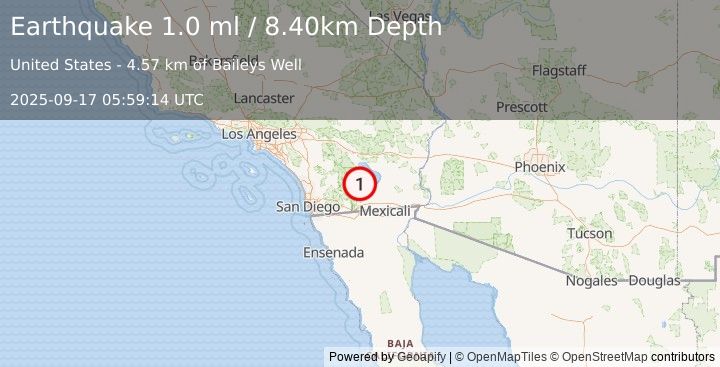 Earthquake 10 km E of Ocotillo Wells, CA (1.0 ml) (2025-09-17 05:59:14 UTC)