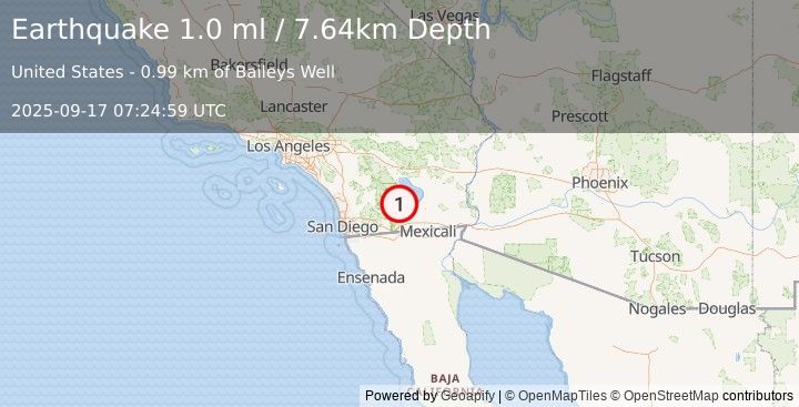 Earthquake 10 km ESE of Ocotillo Wells, CA (1.0 ml) (2025-09-17 07:24:59 UTC)