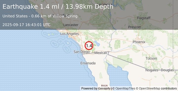 Earthquake 14 km NE of Julian, CA (1.4 ml) (2025-09-17 16:43:01 UTC)