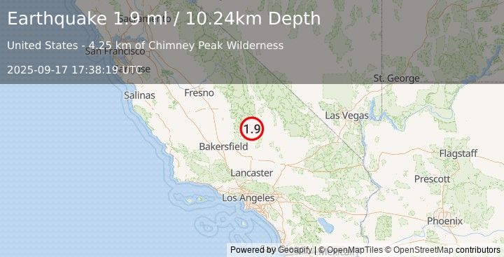 Earthquake 23 km WSW of Little Lake, CA (1.9 ml) (2025-09-17 17:38:19 UTC)
