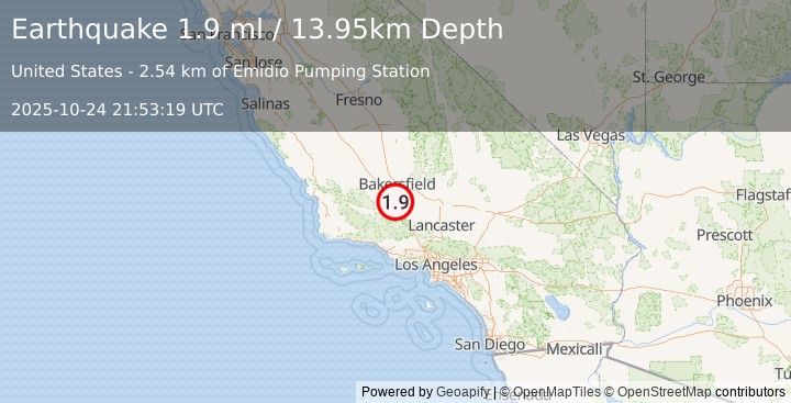 Earthquake 19 km NW of Grapevine, CA (1.9 ml) (2025-10-24 21:53:19 UTC)