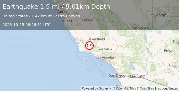 Earthquake 25 km SW of Maricopa, CA (1.9 ml) (2025-10-25 06:26:51 UTC)