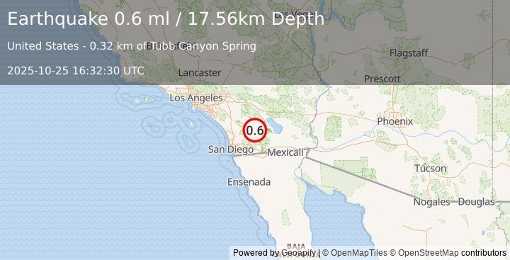 Earthquake 6 km SW of Borrego Springs, CA (0.6 ml) (2025-10-25 16:32:30 UTC)