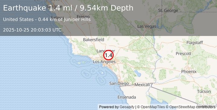 Earthquake 7 km SSW of Pearblossom, CA (1.4 ml) (2025-10-25 20:03:03 UTC)
