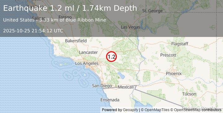 Earthquake 37 km N of Yucca Valley, CA (1.2 ml) (2025-10-25 21:54:12 UTC)