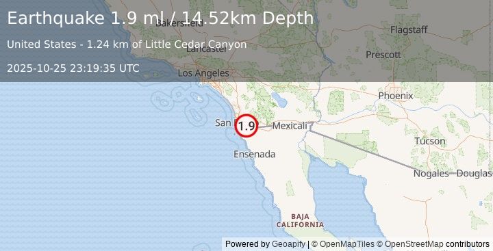 Earthquake 9 km S of Jamul, CA (1.9 ml) (2025-10-25 23:19:35 UTC)