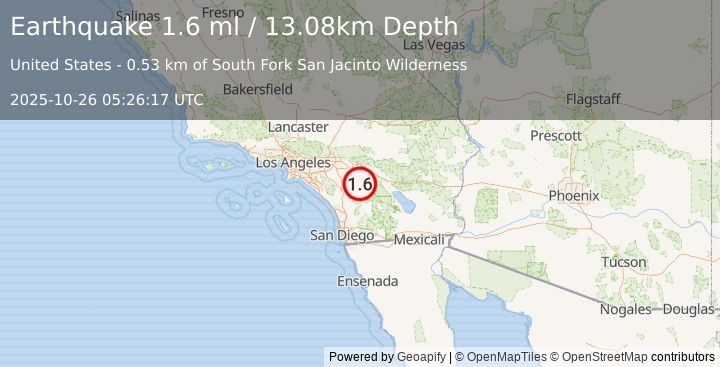 Earthquake 10 km SSW of Idyllwild, CA (1.6 ml) (2025-10-26 05:26:17 UTC)