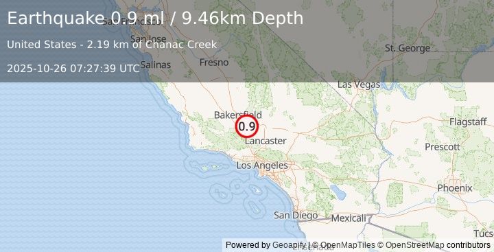 Earthquake 17 km SSE of Arvin, CA (0.9 ml) (2025-10-26 07:27:39 UTC)