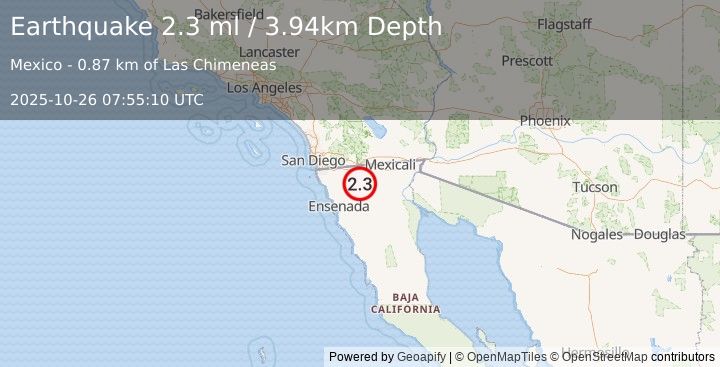 Earthquake 42 km SE of Campo, CA (2.9 ml) (2025-10-26 07:55:11 UTC)