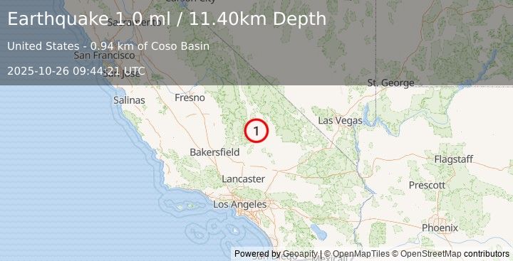 Earthquake 16 km E of Little Lake, CA (1.0 ml) (2025-10-26 09:44:21 UTC)