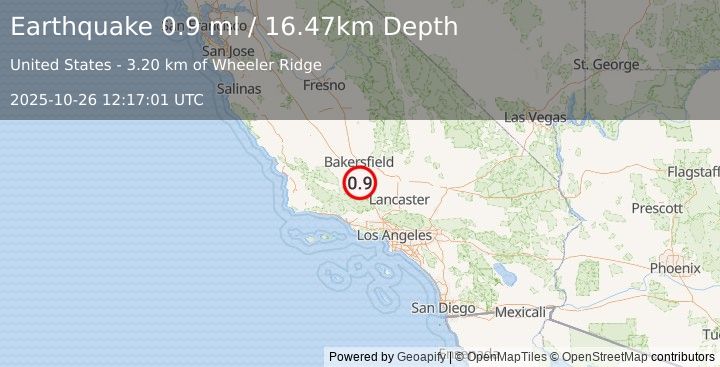 Earthquake 7 km NW of Grapevine, CA (0.9 ml) (2025-10-26 12:17:01 UTC)