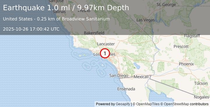 Earthquake 3 km S of Highland Park, CA (1.0 ml) (2025-10-26 17:00:42 UTC)
