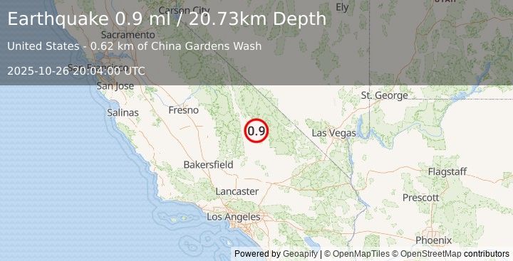 Earthquake 42 km ENE of Coso Junction, CA (0.9 ml) (2025-10-26 20:04:00 UTC)