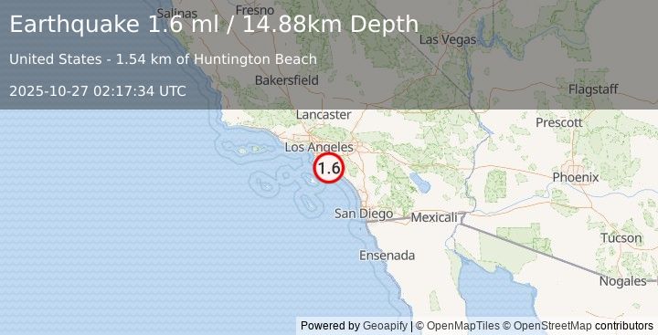 Earthquake 6 km S of Huntington Beach, CA (1.6 ml) (2025-10-27 02:17:34 UTC)
