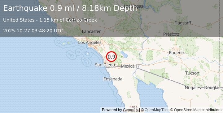 Earthquake 7 km ESE of Lake Henshaw, CA (0.9 ml) (2025-10-27 03:48:20 UTC)