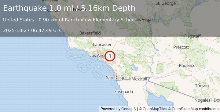 Earthquake 6 km WNW of Mira Loma, CA (1.0 ml) (2025-10-27 06:47:49 UTC)