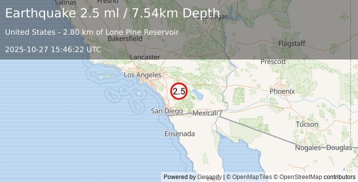 Earthquake 12 km SSE of Anza, CA (2.5 ml) (2025-10-27 15:46:22 UTC)