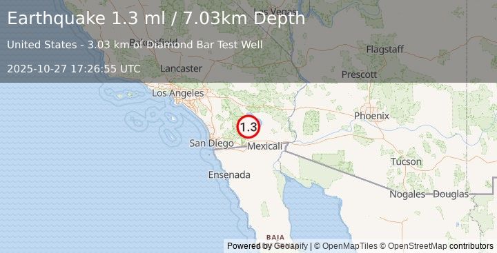 Earthquake 13 km E of Ocotillo Wells, CA (1.3 ml) (2025-10-27 17:26:55 UTC)