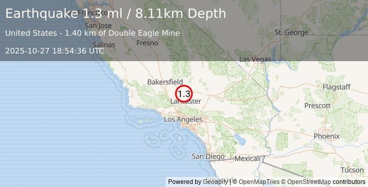 Earthquake 10 km SSW of Mojave, CA (1.3 ml) (2025-10-27 18:54:36 UTC)