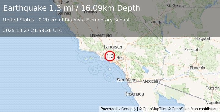 Earthquake 2 km NW of Universal City, CA (1.3 ml) (2025-10-27 21:53:36 UTC)