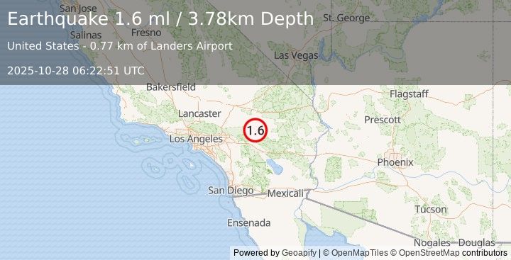 Earthquake 17 km NNW of Joshua Tree, CA (1.6 ml) (2025-10-28 06:22:51 UTC)