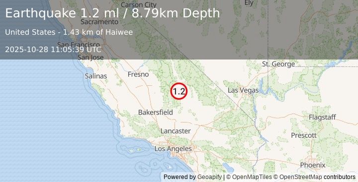 Earthquake 10 km NNW of Coso Junction, CA (1.2 ml) (2025-10-28 11:05:39 UTC)