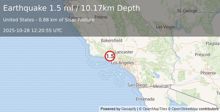 Earthquake 10 km E of Ojai, CA (1.5 ml) (2025-10-28 12:20:55 UTC)