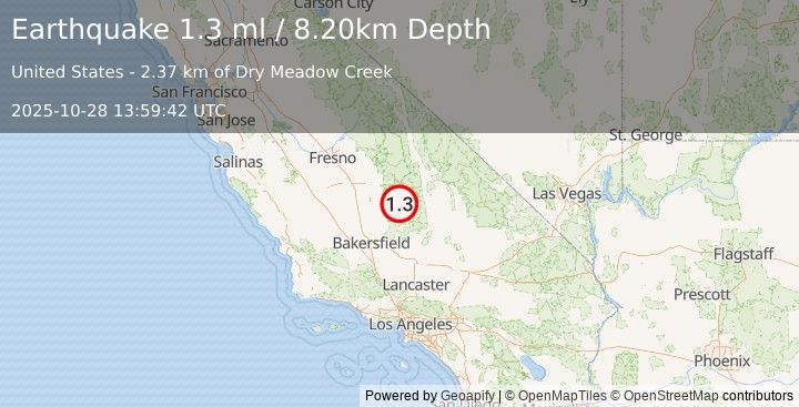 Earthquake 28 km N of Kernville, CA (1.3 ml) (2025-10-28 13:59:42 UTC)