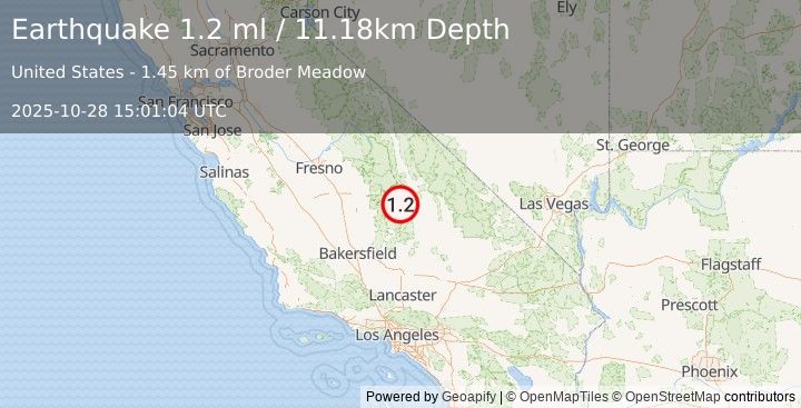 Earthquake 20 km SW of Olancha, CA (1.2 ml) (2025-10-28 15:01:04 UTC)