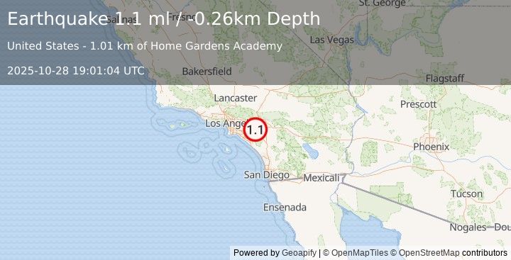 Earthquake 1 km SE of Home Gardens, CA (1.1 ml) (2025-10-28 19:01:04 UTC)