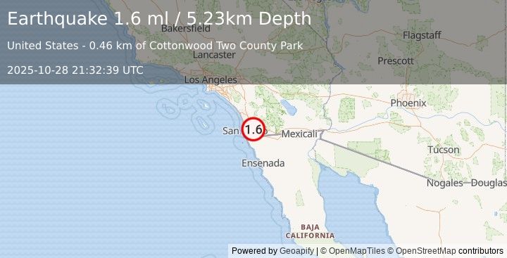 Earthquake 3 km ENE of Rancho San Diego, CA (1.6 ml) (2025-10-28 21:32:39 UTC)