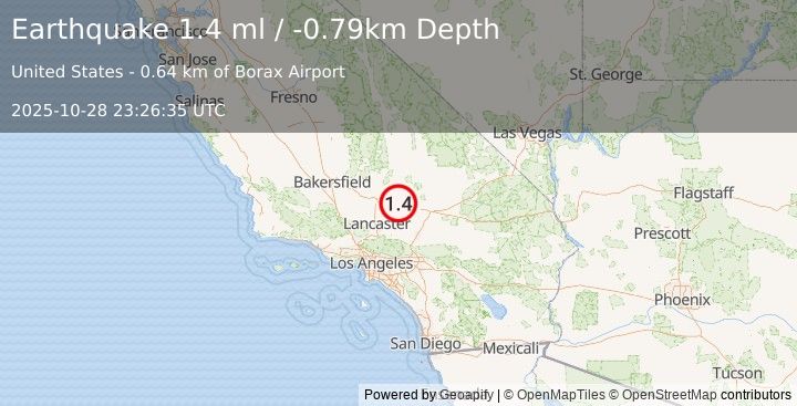 Earthquake 6 km WNW of Boron, CA (1.4 ml) (2025-10-28 23:26:35 UTC)