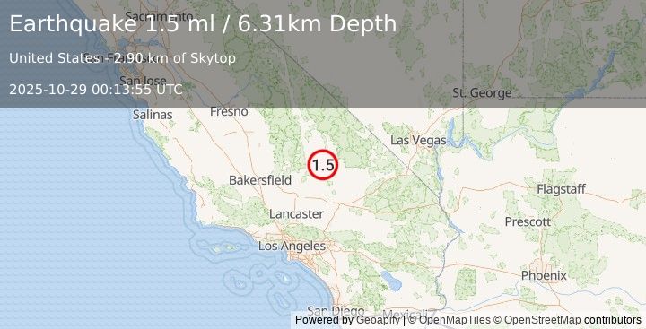 Earthquake 12 km SW of Searles Valley, CA (1.5 ml) (2025-10-29 00:13:55 UTC)