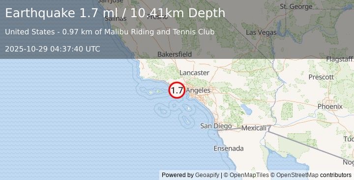 Earthquake 11 km WNW of Malibu, CA (1.7 ml) (2025-10-29 04:37:40 UTC)