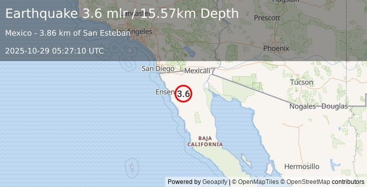 Earthquake 48 km E of Maneadero, B.C., MX (3.6 mlr) (2025-10-29 05:27:10 UTC)