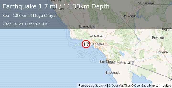 Earthquake 13 km SE of Port Hueneme, CA (1.7 ml) (2025-10-29 11:53:03 UTC)