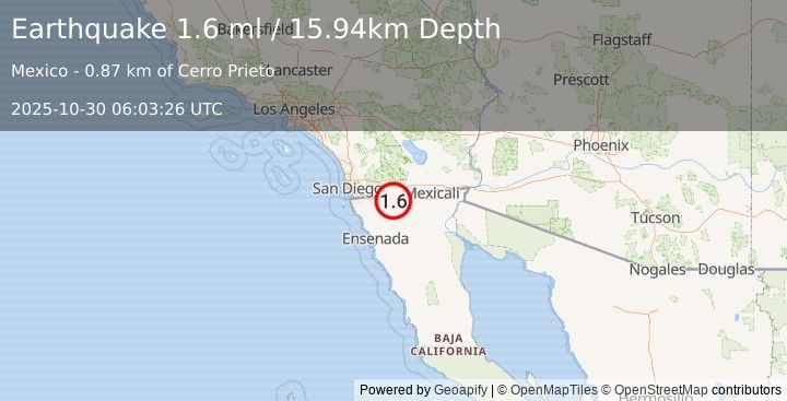 Earthquake 24 km ESE of Campo, CA (1.6 ml) (2025-10-30 06:03:26 UTC)