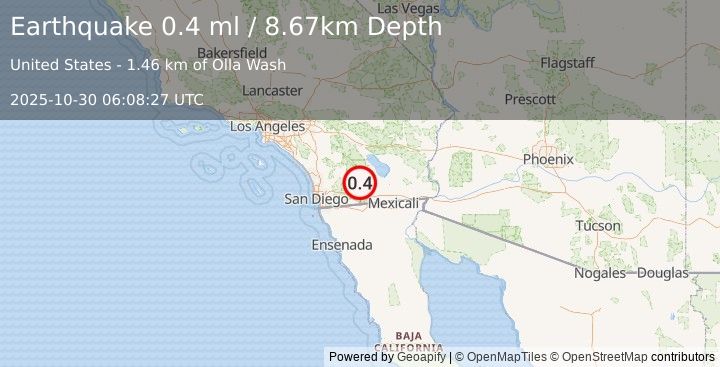 Earthquake 18 km SSW of Ocotillo Wells, CA (0.4 ml) (2025-10-30 06:08:27 UTC)