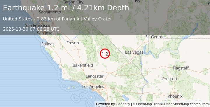 Earthquake 36 km N of Searles Valley, CA (1.2 ml) (2025-10-30 07:06:28 UTC)