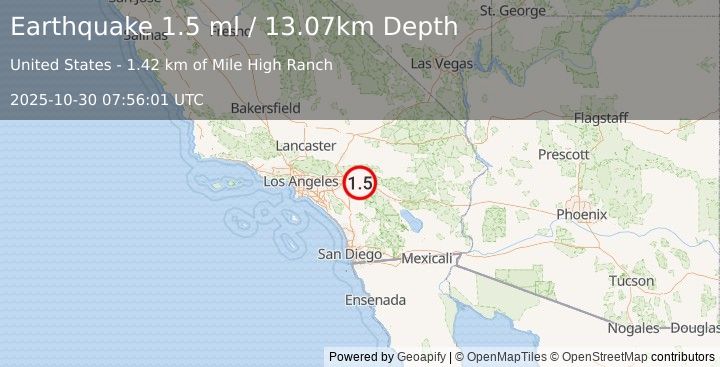Earthquake 9 km NNE of Beaumont, CA (1.5 ml) (2025-10-30 07:56:01 UTC)
