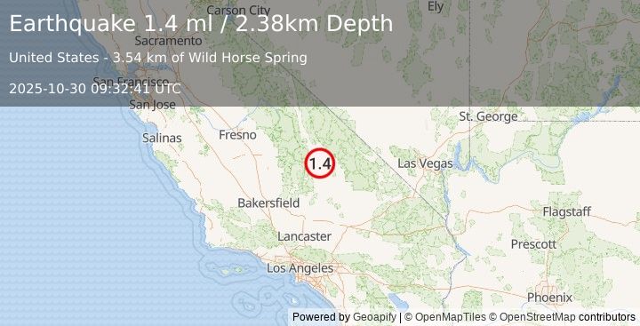 Earthquake 23 km NE of Coso Junction, CA (1.4 ml) (2025-10-30 09:32:41 UTC)