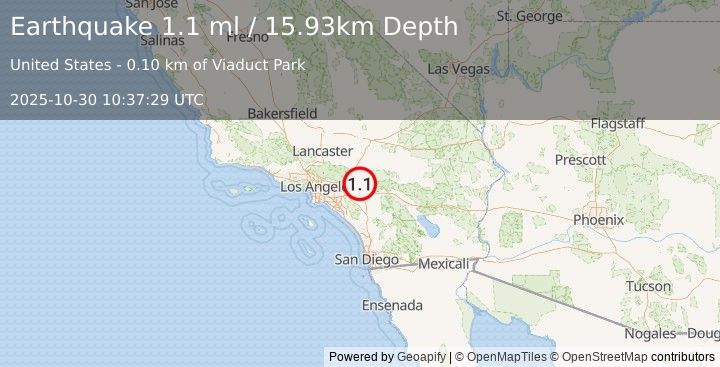 Earthquake 3 km N of Colton, CA (1.1 ml) (2025-10-30 10:37:29 UTC)