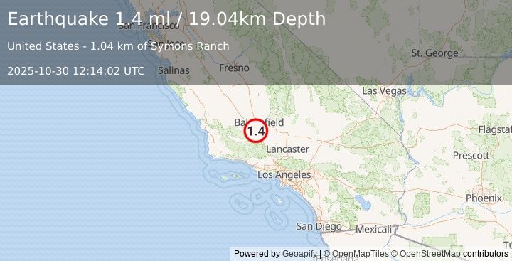Earthquake 25 km NW of Grapevine, CA (1.3 ml) (2025-10-30 12:14:03 UTC)
