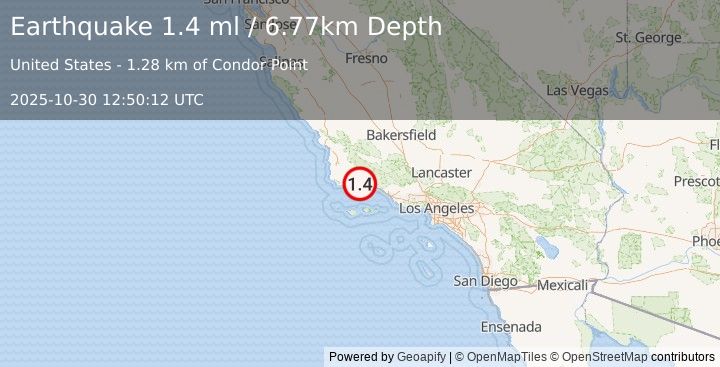 Earthquake 11 km NNW of Isla Vista, CA (1.4 ml) (2025-10-30 12:50:12 UTC)
