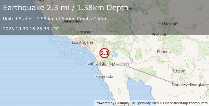 Earthquake 10 km NNE of Warner Springs, CA (2.3 ml) (2025-10-30 16:25:38 UTC)