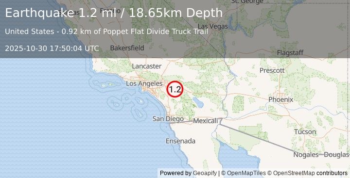 Earthquake 10 km SSE of Banning, CA (1.2 ml) (2025-10-30 17:50:04 UTC)
